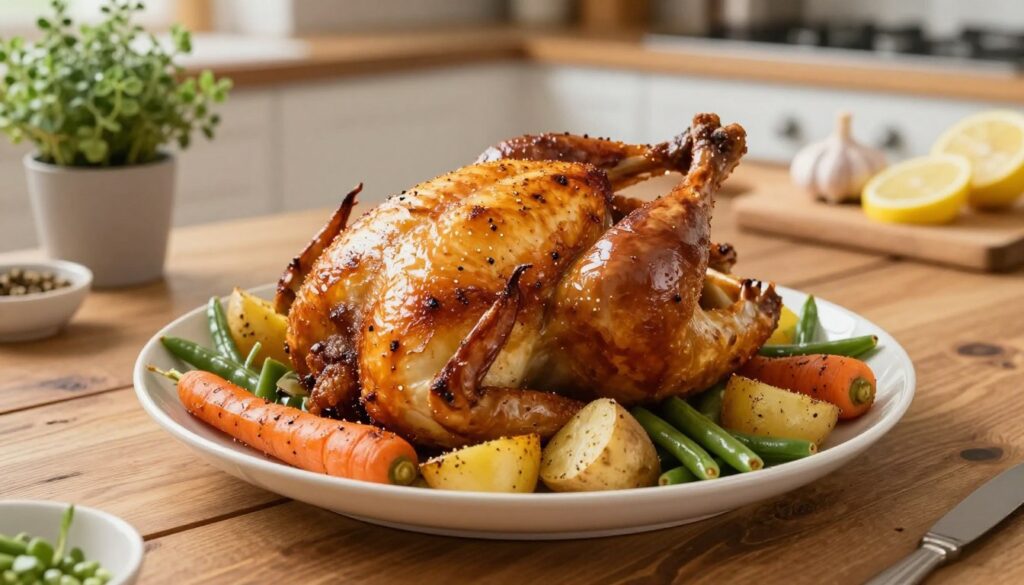 A beautifully plated oven-roasted chicken, golden brown and crispy on the outside, sitting on a rustic wooden table. Surrounding the chicken are vibrant sides of roasted vegetables, including carrots, potatoes, and green beans, all lightly seasoned and glistening under soft, natural light. The background features a warm kitchen setting, with herbs in pots and a wooden cutting board with garlic and lemon slices. Capturing the scene from a slightly elevated angle, the image evokes a cozy, inviting atmosphere, suggesting a home-cooked meal. The lighting is soft and warm, enhancing the colors of the food and creating a comfortable mood perfect for family gatherings. No text, watermarks, or distractions in the image.
