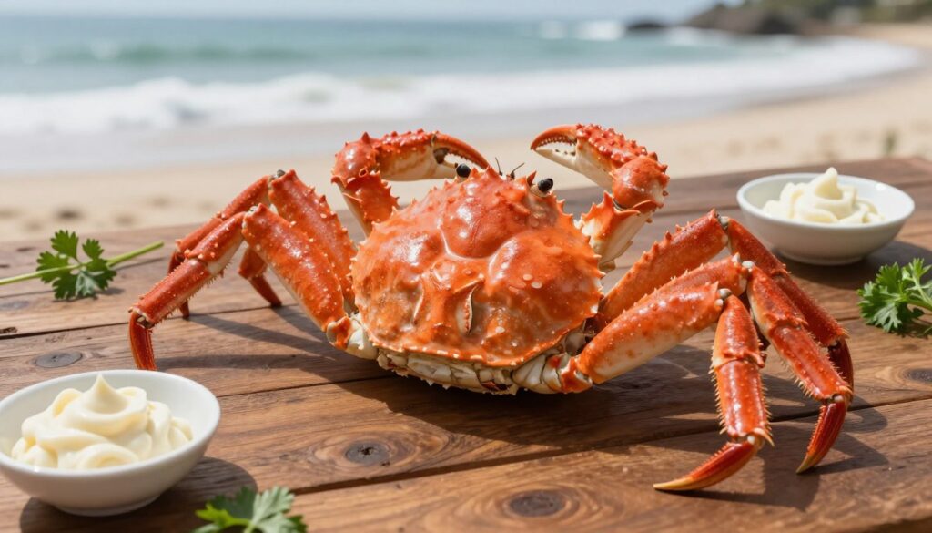 A beautifully presented boiled spider crab, glistening with rich orange and red hues, sits center stage on a rustic wooden table. The crab's shell is slightly cracked, revealing tender white meat peeking through, showcasing its perfectly cooked texture. Surrounding the crab are small bowls of creamy mayonnaise and fresh herbs, adding depth to the composition. The background features a softly blurred coastal scene, with gentle waves and sandy beaches, creating a tranquil atmosphere. Soft, natural lighting enhances the vibrant colors of the crab, casting gentle shadows for a three-dimensional effect. The angle captures a top-down view, emphasizing the dish's inviting presentation and the colorful accompaniments, evoking a sense of culinary delight and sophistication.