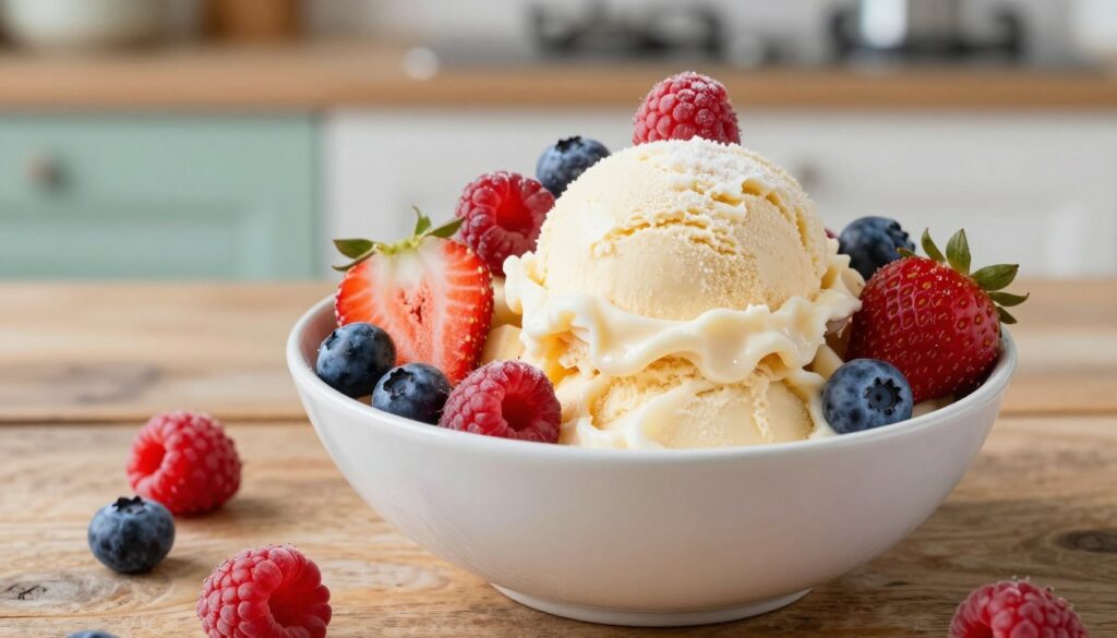 A beautifully presented bowl of frozen banana protein ice cream, garnished with an assortment of vibrant fresh berries including strawberries, blueberries, and raspberries. The ice cream has a creamy, smooth texture with a light, frosty sheen. In the foreground, the bowl is placed on a rustic wooden table, with a few scattered berries around it, creating a natural, inviting look. Soft, natural light illuminates the scene, enhancing the colors and textures of the ice cream and fruit. In the background, a subtle blur of a kitchen setting with soft pastel tones adds warmth to the mood. The angle is slightly elevated, giving a clear view of the deliciousness, while maintaining a cozy and appealing atmosphere. A beautifully presented bowl of frozen banana protein ice cream, garnished with an assortment of vibrant fresh berries including strawberries, blueberries, and raspberries. The ice cream has a creamy, smooth texture with a light, frosty sheen. In the foreground, the bowl is placed on a rustic wooden table, with a few scattered berries around it, creating a natural, inviting look. Soft, natural light illuminates the scene, enhancing the colors and textures of the ice cream and fruit. In the background, a subtle blur of a kitchen setting with soft pastel tones adds warmth to the mood. The angle is slightly elevated, giving a clear view of the deliciousness, while maintaining a cozy and appealing atmosphere.