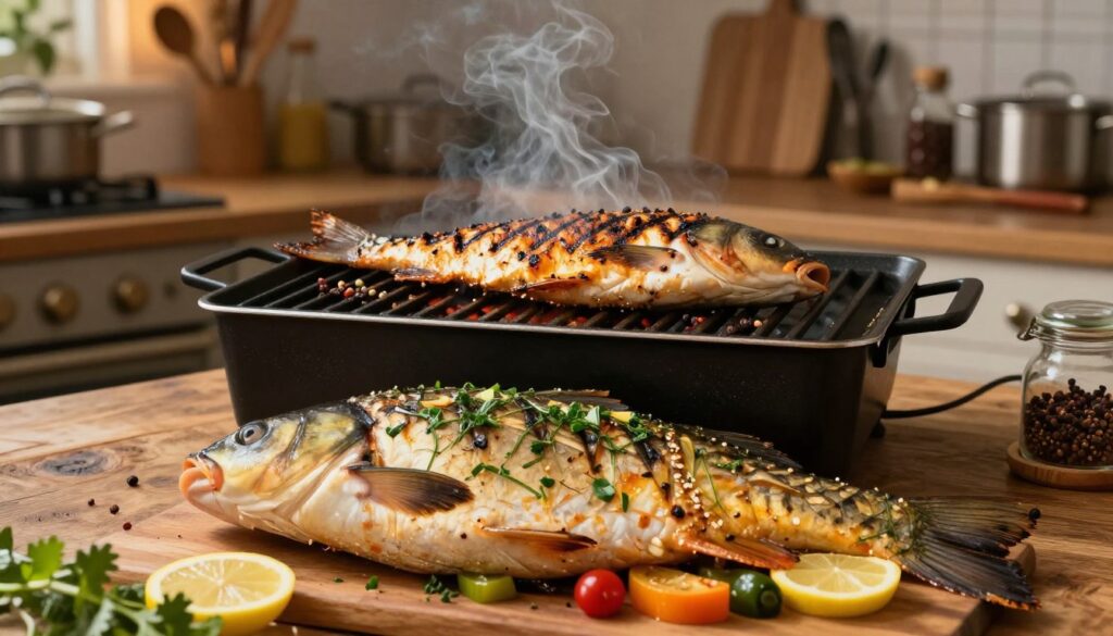 A beautifully presented carp dish showcasing essential cooking techniques. In the foreground, a perfectly baked carp garnished with fresh herbs, lemon slices, and colorful vegetables, arranged artfully on a rustic wooden table. The middle layer features a grill with a marinated carp fillet, sizzling and smoky, showcasing the grilling method with visible grill marks, surrounded by fragrant spices. In the background, an inviting kitchen setting with soft, warm lighting highlighting a variety of cooking utensils and spices on display. The atmosphere is cozy and welcoming, suggesting a home-cooked meal. The scene is captured from a slightly elevated angle to create depth, emphasizing the textures and colors of the fish while ensuring a professional and appetizing presentation.