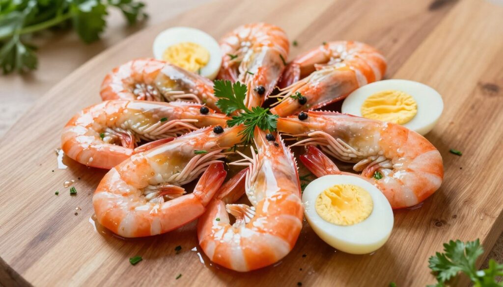 A beautifully presented chilled shrimp dish takes center stage, showcasing perfectly cooked pink shrimp arranged in a circular pattern. Each shrimp glistens with a light glaze and is garnished with fresh herbs like dill and parsley. Soft-boiled eggs, cut in half, reveal their creamy yolks, strategically placed among the shrimp for a burst of color. The background features a sleek wooden tabletop, adding warmth and texture, while a gentle, diffused natural light enhances the freshness of the ingredients. The composition is photographed from a slightly elevated angle, providing a clear view of the dish's layers and textures. The overall mood is elegant and inviting, perfect for enticing food lovers in a sophisticated setting.