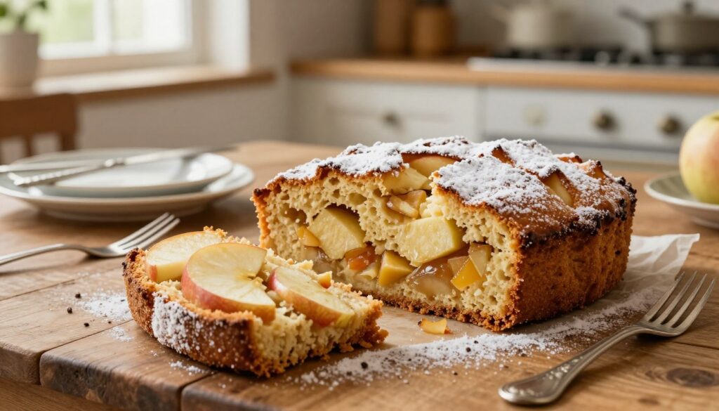A beautifully presented classic French apple cake, showcasing its tender crumb and integrated slices of fresh apples. In the foreground, the cake is sliced to reveal a moist interior dotted with pieces of juicy fruit, garnished with a light dusting of powdered sugar. The middle ground features a rustic wooden table, adorned with delicate ceramic plates and vintage forks. The background includes a cozy kitchen setting with soft, natural light streaming through a window, illuminating the warm hues of the cake. The atmosphere is inviting and homely, evoking the essence of traditional French baking. Use a shallow depth of field to emphasize the cake, with a softly blurred background to draw attention to the main subject.
