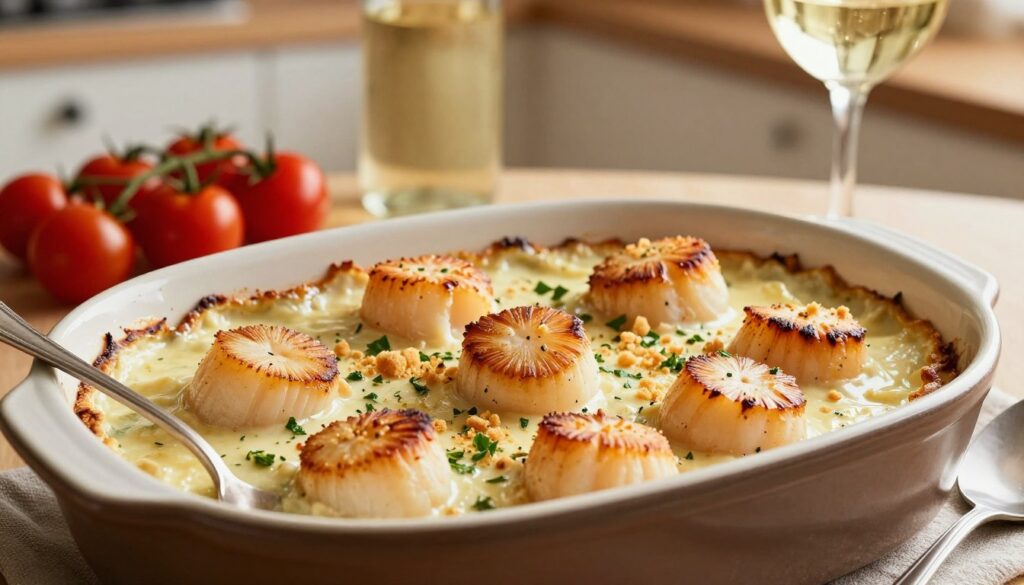 A beautifully presented scallop casserole in a rustic ceramic dish, showcasing plump, golden-brown scallops nestled among a creamy, white wine sauce, topped with a sprinkle of fresh herbs and breadcrumbs. In the foreground, a serving spoon rests lightly against the dish, hinting at servings ready to be enjoyed. The middle ground includes a scattering of vibrant cherry tomatoes and a glass of chilled white wine, emphasizing the recipe’s ingredients. The background features a cozy kitchen setting with warm, soft lighting that casts gentle shadows, creating an inviting atmosphere. The scene is shot at a slight angle to highlight the casserole’s delicious texture, evoking a sense of home-cooked warmth and culinary delight.