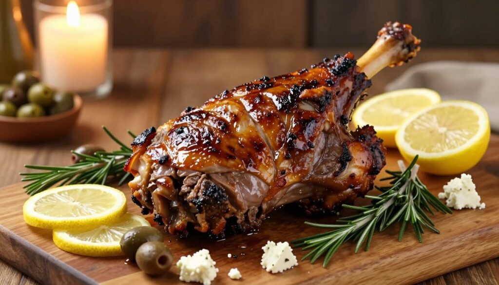 A beautifully roasted leg of lamb, perfectly browned with crispy edges and juicy interiors, sits in the center of a rustic wooden table. Surrounding the lamb are vibrant sprigs of rosemary and slices of fresh lemon for a pop of color. Scattered around are marinated olives and crumbled feta cheese, adding texture and contrast. In the background, a softly flickering candle casts warm, inviting light across the scene, creating a cozy atmosphere. The focus is on the rich, savory details of the lamb's glaze and the earthy sides. The image is taken from a slightly elevated angle, ensuring a mouthwatering view of the dish that emphasizes its appetizing sheen and garnishes. A beautifully roasted leg of lamb, perfectly browned with crispy edges and juicy interiors, sits in the center of a rustic wooden table. Surrounding the lamb are vibrant sprigs of rosemary and slices of fresh lemon for a pop of color. Scattered around are marinated olives and crumbled feta cheese, adding texture and contrast. In the background, a softly flickering candle casts warm, inviting light across the scene, creating a cozy atmosphere. The focus is on the rich, savory details of the lamb's glaze and the earthy sides. The image is taken from a slightly elevated angle, ensuring a mouthwatering view of the dish that emphasizes its appetizing sheen and garnishes.