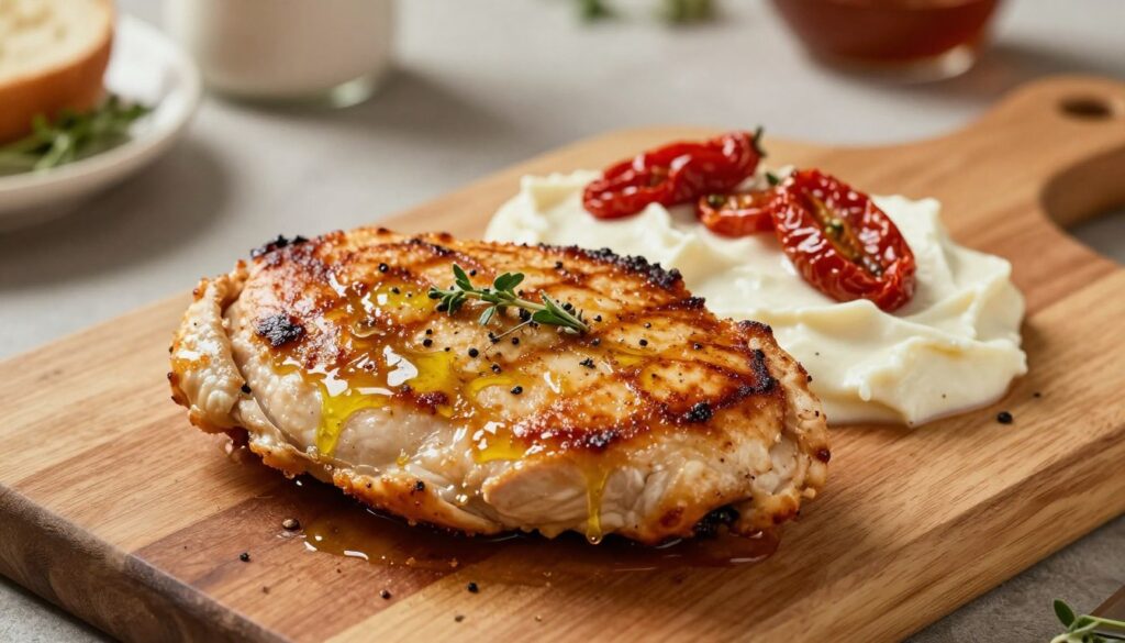 A beautifully seared chicken cutlet, showcasing a perfectly golden brown crust, glistening with a light sheen of olive oil. The chicken sits prominently in the foreground on a rustic wooden cutting board, garnished with fresh herbs and a sprinkling of cracked black pepper, evoking a sense of freshness. In the middle ground, a delicate sun-dried tomato cream sauce drizzles enticingly beside the chicken, complementing its color and texture. Soft, warm lighting bathes the scene, highlighting the inviting textures of the chicken and sauce while casting gentle shadows. A blurred kitchen setting with subtle hints of culinary tools and fresh ingredients fills the background, enhancing the home-cooked atmosphere without distraction. Overall, the image conveys a cozy, welcoming mood perfect for inspiring cooking at home.