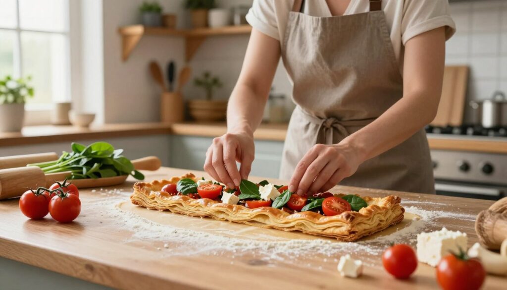 A beautifully staged kitchen countertop scene showcasing a flaky puff pastry breakfast tart being prepared. In the foreground, there's a partially rolled out sheet of golden-brown puff pastry atop a lightly floured surface, with delicate layers visibly flaking apart. Fresh ingredients like vibrant cherry tomatoes, spinach leaves, and crumbled feta cheese are arranged around it, hinting at the filling. In the middle ground, a woman dressed in a smart casual apron prepares the tart, carefully placing the vegetables onto the pastry with an expression of concentration. The background features rustic wooden shelves lined with baking tools and herbs, bathed in warm, natural light streaming through a window, creating a cozy and inviting atmosphere. The angle captures both the preparation process and the inviting kitchen environment, emphasizing the art of making a savory tart.