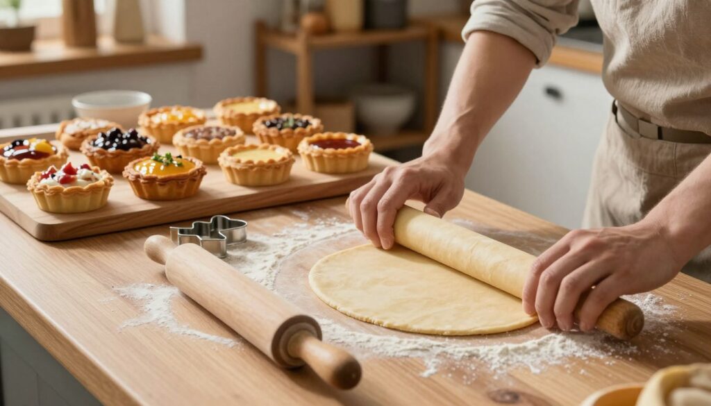 A beautifully staged kitchen scene focused on the delicate process of rolling and shaping puff pastry. In the foreground, a wooden countertop displays a lightly floured pastry dough, complete with a rolling pin and a set of precise pastry cutters. A pair of hands, clad in modest casual attire, skillfully rolls the dough into a thin, even layer, showcasing the artistry involved. The middle ground features an assortment of elegant puff pastry recipes, such as savory tarts and filled pastries, arranged on a wooden board. Soft, warm lighting enhances the textures of the pastry and creates a welcoming atmosphere. The background reveals rustic kitchen shelves filled with baking tools and ingredients, adding depth to the scene. The angle is slightly above eye-level, offering a clear view of the intricate details and inviting the viewer into the world of gourmet baking.