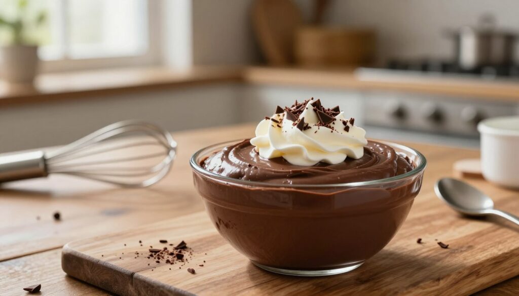 A beautifully styled bowl of homemade chocolate mousse sits invitingly in the foreground, its rich, dark chocolate hue glistening under soft, warm lighting that captures its creamy texture. The mousse is topped with delicate dollops of whipped cream and a sprinkle of dark chocolate shavings for an elegant touch. In the middle ground, a rustic wooden table is adorned with kitchen utensils like a whisk and measuring cups, hinting at the homemade preparation. The background features a cozy kitchen setting, with blurred hints of baking ingredients and a window allowing natural light to stream in, creating an inviting and warm atmosphere perfect for a cooking moment. The entire scene should evoke comfort and indulgence, enticing viewers to imagine creating this delicious dessert at home.