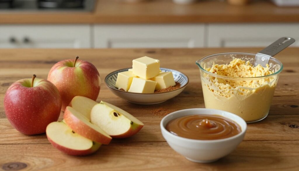 A beautifully styled flat lay of the ingredients for an easy 5-ingredient caramel apple dump cake. In the foreground, arrange fresh, shiny apples sliced into wedges, a small bowl of rich caramel sauce, and a measuring cup filled with yellow cake mix. In the middle layer, feature a stick of butter cut into cubes and a sprinkle of cinnamon in a decorative bowl. The background showcases a rustic wooden table, softly lit by warm, natural light that enhances the inviting atmosphere. Position a blurred kitchen counter in the distance to suggest a homey environment. The overall mood is cozy and accessible, perfect for a fall dessert preparation. No text, logos, or watermarks present.