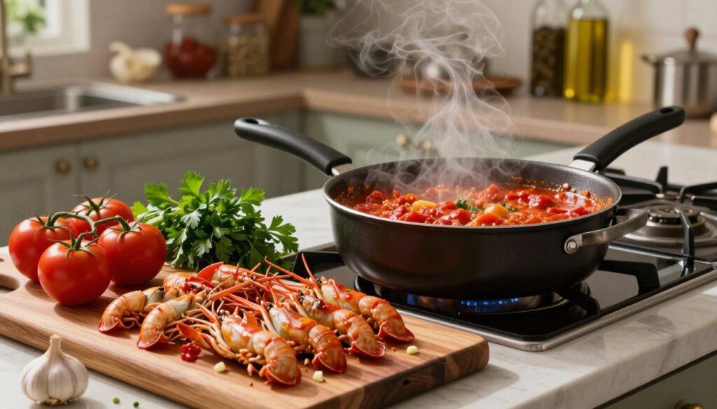 A beautifully styled kitchen counter scene, showcasing an elegant cooking setup for preparing langoustines in a rich tomato cognac sauce. In the foreground, a wooden cutting board displays perfectly arranged fresh langoustines, vibrant ripe tomatoes, and minced garlic. A simmering saucepan in the center, filled with a luscious red tomato cognac sauce, bubbles gently, releasing aromatic steam. In the middle ground, a set of professional cooking utensils and a vibrant sprig of fresh parsley add depth. The background features soft-focus shelves with various spices and olive oil, illuminated by warm, diffused lighting. The atmosphere is inviting and sophisticated, evoking a sense of gourmet cooking at home. The camera angle is slightly above, providing a dynamic view of the vibrant ingredients and rich sauce at the heart of the dish.