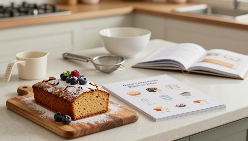 A beautifully styled kitchen countertop featuring a troubleshooting guide for almond flour cake baking. In the foreground, a rustic wooden cutting board displays a perfectly baked gluten-free almond flour cake, garnished with fresh berries and a dusting of powdered sugar. Beside the cake, a neatly arranged assortment of commonly faced baking issues illustrated with precision, such as texture problems, rising issues, and moisture content considerations, represented by small visual icons in a minimalist style. In the middle ground, kitchen utensils like measuring cups, mixing bowls, and a sifter are arranged, with a soft focus on a cookbook opening to a cake recipe. The background is a softly lit kitchen with warm tones, evoking a cozy atmosphere, captured with a slight vignette effect to emphasize the foreground details. The angle is slightly above the countertop for a clear overview of the scene.