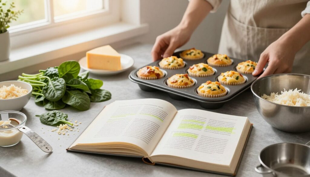 A beautifully styled kitchen countertop featuring a variety of ingredients for spinach and cheese muffins, such as fresh spinach leaves, grated cheese, and muffin tins. In the foreground, an open recipe book is displayed with highlighted sections and handwritten notes on expert tips, surrounded by measuring cups and a mixing bowl. The middle scene showcases the muffins baking in the oven, their golden tops peeking through the muffin tins. The background includes a window with soft sunlight streaming in, illuminating the scene with a warm and inviting glow. The mood is cozy and homey, invoking a sense of comfort in cooking as a person in a tasteful apron prepares the muffins, capturing the essence of culinary expertise. A beautifully styled kitchen countertop featuring a variety of ingredients for spinach and cheese muffins, such as fresh spinach leaves, grated cheese, and muffin tins. In the foreground, an open recipe book is displayed with highlighted sections and handwritten notes on expert tips, surrounded by measuring cups and a mixing bowl. The middle scene showcases the muffins baking in the oven, their golden tops peeking through the muffin tins. The background includes a window with soft sunlight streaming in, illuminating the scene with a warm and inviting glow. The mood is cozy and homey, invoking a sense of comfort in cooking as a person in a tasteful apron prepares the muffins, capturing the essence of culinary expertise.