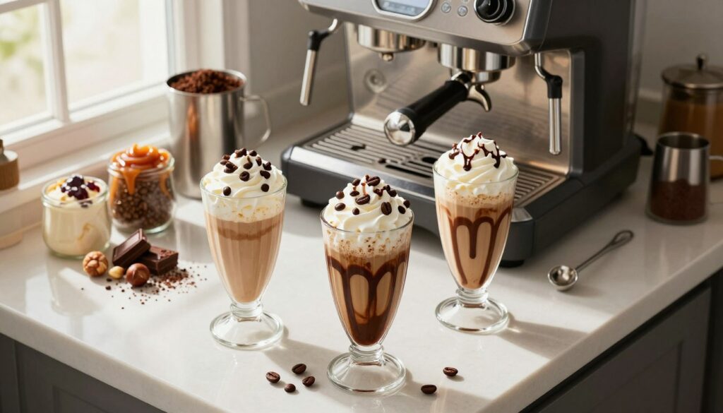 A beautifully styled kitchen countertop, showcasing an array of espresso milkshake options. In the foreground, three elegant glasses of thick, creamy espresso milkshakes, garnished with coffee beans, whipped cream, and a drizzle of chocolate syrup. In the middle ground, a sleek espresso machine with fresh coffee grounds, stainless steel tools, and colorful toppings like caramel, hazelnuts, and chocolate shavings. The background features a sunlit window with soft, natural light filtering through sheer curtains, creating a warm and inviting atmosphere. Capture a top-down angle to highlight the delicious textures and rich colors, evoking a sense of indulgence and creativity in coffee preparation.