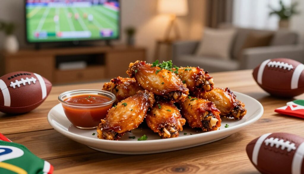 A beautifully styled platter of crispy, oven-baked chicken wings, glistening with a savory glaze, garnished with fresh herbs and a side of vibrant dipping sauces. The scene is set on a wooden table, adorned with Super Bowl-themed decorations such as team colors and small football-shaped items. In the background, a cozy living room with a large television displaying an ongoing game adds to the festive atmosphere, with soft ambient lighting creating a warm glow. The image is captured at a slight angle from above to showcase the delicious wings in detail, emphasizing their texture and appealing presentation. The overall mood is celebratory and inviting, perfect for a Super Bowl party setting.