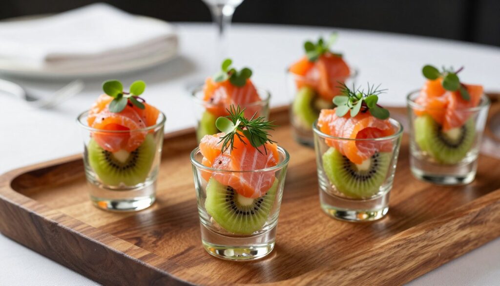 A beautifully styled presentation of kiwi smoked salmon verrines, delicately layered inside elegant glass cups. The foreground features vibrant slices of fresh kiwi and rich, smoky salmon, garnished with a sprinkle of dill and microgreens. The middle ground showcases a polished wooden serving tray, enhancing the rustic charm. In the background, softly blurred out, a tasteful dining setting with white tablecloth and subtle ambient lighting creates an inviting atmosphere. Use soft, natural light to highlight the colors and textures of the ingredients, and employ a shallow depth of field for a professional touch. The scene should evoke a sense of sophistication and culinary mastery, perfect for showcasing a refined appetizer.