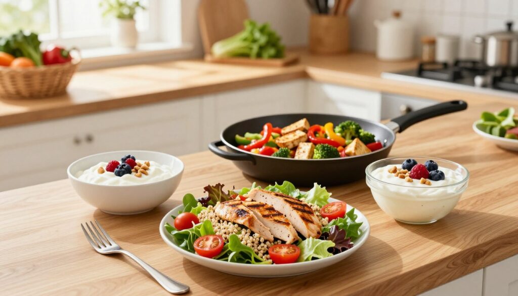 A bright, airy kitchen scene featuring an assortment of quick, protein-packed diabetic meals, beautifully arranged on a wooden countertop. In the foreground, a vibrant salad with grilled chicken strips, quinoa, and mixed greens, garnished with cherry tomatoes. Next to it, a bowl of Greek yogurt topped with berries and nuts. In the middle ground, a skillet with sizzling tofu stir-fry with colorful bell peppers and broccoli. The background showcases a well-organized kitchen with fresh vegetables in baskets and a sunny window casting warm light, enhancing the inviting atmosphere. The angle is slightly elevated, giving a clear view of the meal preparation. The overall mood is energetic and healthy, conveying the theme of quick, nutritious lunches.
