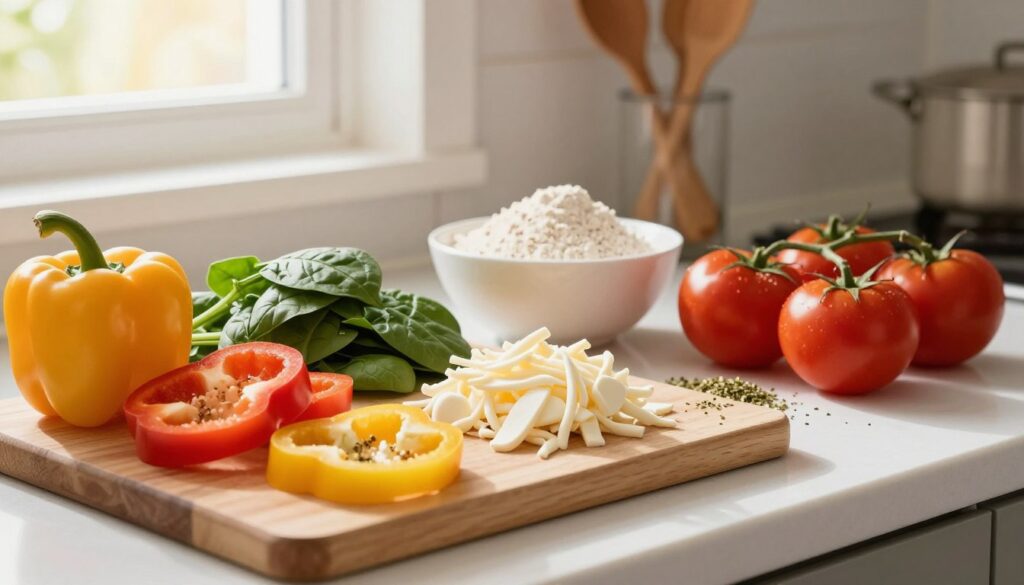 A bright and inviting kitchen countertop filled with essential ingredients for healthy homemade pizza muffins. In the foreground, a wooden cutting board showcases colorful bell peppers, ripe tomatoes, fresh spinach, and shredded mozzarella cheese, all artfully arranged. In the middle, bowls of whole wheat flour, baking powder, and a sprinkle of dried herbs add texture and context to the scene. The background features a soft-focus pattern of kitchen utensils and a sunny window casting warm light across the ingredients, creating a cheerful atmosphere. The lighting is bright yet soft, enhancing the vibrant colors of the fresh ingredients. The angle of the shot is slightly above eye level, capturing the inviting nature of the setup while focusing on the fresh, wholesome ingredients.