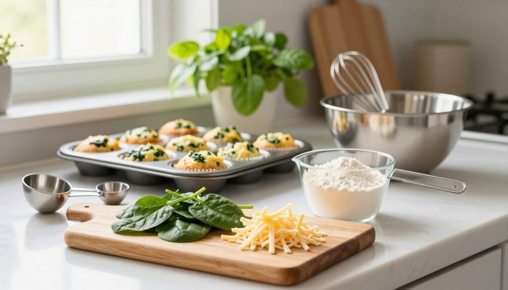 A bright and inviting kitchen countertop filled with essential tools for making savory spinach and cheese muffins. In the foreground, a wooden cutting board displays fresh spinach, shredded cheese, and a measuring cup filled with flour. Beside it, a set of measuring spoons, a mixing bowl, and a whisk are arranged neatly. The middle ground features a muffin tray ready to be filled, while a vibrant green plant sits beside it, adding a touch of freshness. In the background, soft natural light streams through a window, illuminating the scene with a warm glow. The overall atmosphere is cozy and inspiring, perfect for a cooking adventure. The focus is sharp, with a slightly blurred background to emphasize the kitchen tools. A bright and inviting kitchen countertop filled with essential tools for making savory spinach and cheese muffins. In the foreground, a wooden cutting board displays fresh spinach, shredded cheese, and a measuring cup filled with flour. Beside it, a set of measuring spoons, a mixing bowl, and a whisk are arranged neatly. The middle ground features a muffin tray ready to be filled, while a vibrant green plant sits beside it, adding a touch of freshness. In the background, soft natural light streams through a window, illuminating the scene with a warm glow. The overall atmosphere is cozy and inspiring, perfect for a cooking adventure. The focus is sharp, with a slightly blurred background to emphasize the kitchen tools.