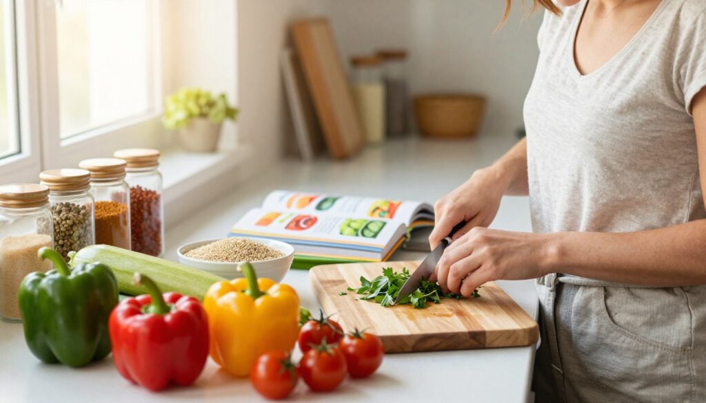 A bright and inviting kitchen scene featuring the preparation of whole food plant-based dishes. In the foreground, a wooden cutting board is laden with vibrant, fresh vegetables like bell peppers, zucchini, and cherry tomatoes, alongside a bowl of quinoa. A smiling individual, dressed in a simple, modest casual outfit, is chopping herbs with a stainless-steel knife, exuding a sense of joy and creativity. In the middle ground, an array of colorful spices and ingredients are neatly organized on the countertop, while a colorful cookbook is open, showcasing easy vegan recipes. In the background, warm sunlight streams through a window, casting a soft glow across the space, enhancing the welcoming atmosphere of healthy cooking. The lens captures the scene with a shallow depth of field, focusing on the preparation while softly blurring the surroundings.