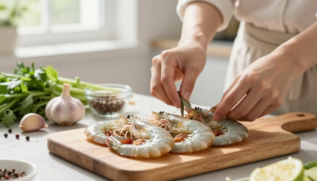 A bright and inviting kitchen scene focuses on selecting fresh shrimp for an easy recipe. In the foreground, a wooden cutting board showcases a platter of glistening, raw shrimp, with their translucent shells reflecting the light. A person in a modest casual outfit gently inspects the shrimp, emphasizing freshness and quality. The middle ground features an array of fresh ingredients such as garlic, herbs, and spices, neatly arranged, hinting at their role in the recipe. In the background, soft daylight streams through a window, illuminating the scene and creating a warm, inviting atmosphere. The mood is fresh and vibrant, with an emphasis on culinary simplicity and the excitement of preparing seafood dishes. The lens captures the details and textures of the shrimp and ingredients, adding depth and clarity.