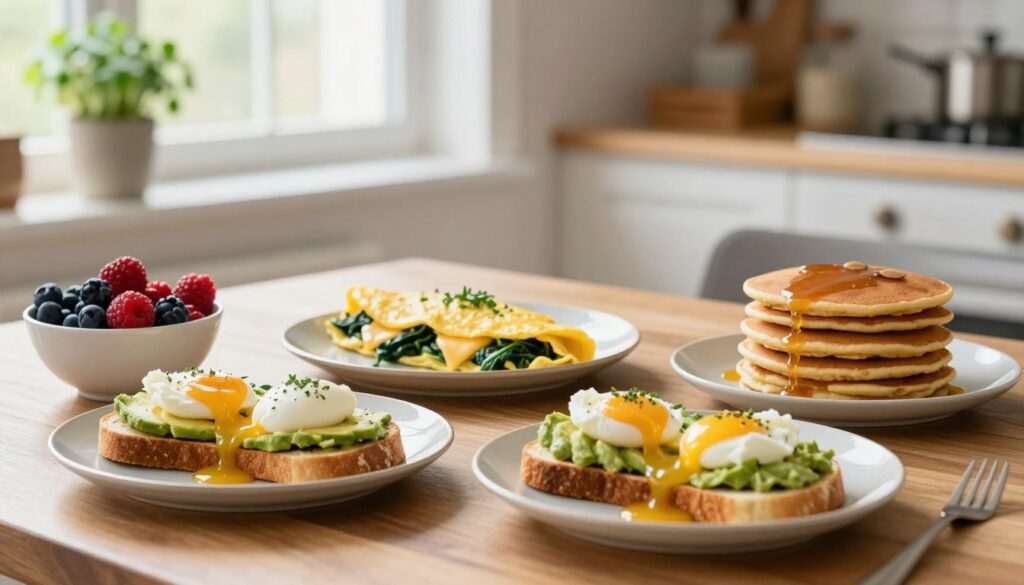 A bright and inviting kitchen scene showcasing a variety of low-carb breakfast options laid out on a wooden dining table. In the foreground, elegantly plated avocado toast topped with poached eggs, alongside a bowl of mixed berries. In the middle, a fluffy omelette filled with spinach and cheese, garnished with fresh herbs, and a stack of almond flour pancakes drizzled with sugar-free maple syrup. In the background, soft morning light filters through a window, illuminating a small potted herb plant on the windowsill. The atmosphere is warm and cheerful, inviting viewers to enjoy a healthy start to their day. The image should have a shallow depth of field, focusing on the food while softly blurring the background for an artistic touch.
