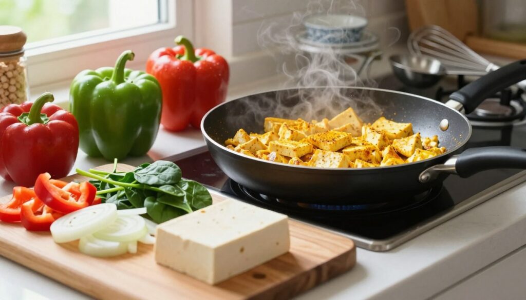 A bright and inviting kitchen scene showcasing the step-by-step preparation of a savory tofu scramble. In the foreground, a wooden cutting board displays neatly chopped vegetables like bell peppers, onions, and spinach, alongside a block of tofu. In the middle, a skillet sizzling with golden tofu, lightly seasoned with turmeric and spices, emits a warm, savory aroma. Behind, a colorful array of additional ingredients and utensils, such as measuring spoons and a whisk, add depth to the scene. Soft, natural lighting filters through a window, creating a cheerful and homely atmosphere. The angle captures the vibrant colors and textures, engaging viewers in the cooking process, while a cozy, organized kitchen offers an inviting background.