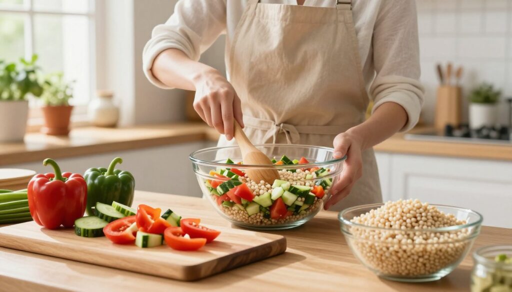 A bright and inviting kitchen scene showcasing the step-by-step process of making pearl wheat salad. In the foreground, a wooden cutting board displays diced colorful vegetables like bell peppers, cucumbers, and tomatoes, next to a bowl of cooked pearl wheat. In the middle, a person dressed in a modest kitchen apron is mixing the ingredients in a large glass salad bowl, with a pleasant smile, embodying a sense of joy in cooking. The background features warm natural lighting filtering through a window, with potted herbs on the countertop and decorative kitchen items enhancing the homely atmosphere. The angle captures the action and depth of the preparation, emphasizing the vibrant colors and fresh ingredients for an appetizing visual appeal.