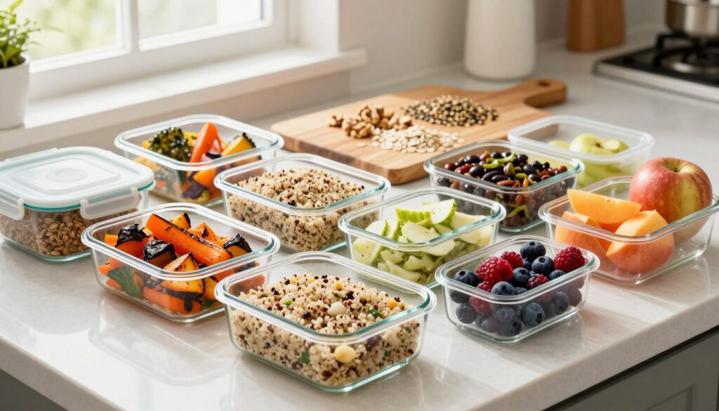A bright and organized kitchen countertop filled with a variety of colorful high-fiber meal prep containers. In the foreground, there are several neatly arranged glass containers showcasing vibrant roasted vegetables, quinoa salad, black bean stir-fry, and fresh fruits like berries and apples. The middle ground features an aesthetically pleasing wooden cutting board with chopped nuts and seeds, and whole grains like brown rice and oats scattered artistically. In the background, soft natural light floods the scene from a window, adding warmth and a cozy atmosphere. The image is taken from a slightly elevated angle to provide a comprehensive view of the meal prep setup, creating an inviting and motivational vibe for successful meal planning. A bright and organized kitchen countertop filled with a variety of colorful high-fiber meal prep containers. In the foreground, there are several neatly arranged glass containers showcasing vibrant roasted vegetables, quinoa salad, black bean stir-fry, and fresh fruits like berries and apples. The middle ground features an aesthetically pleasing wooden cutting board with chopped nuts and seeds, and whole grains like brown rice and oats scattered artistically. In the background, soft natural light floods the scene from a window, adding warmth and a cozy atmosphere. The image is taken from a slightly elevated angle to provide a comprehensive view of the meal prep setup, creating an inviting and motivational vibe for successful meal planning.