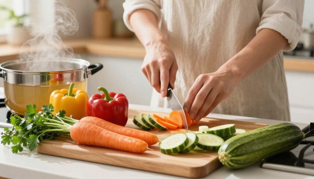 A bright, inviting kitchen scene focusing on the preparation of a simple healthy soup. In the foreground, a wooden cutting board is filled with vibrant, fresh vegetables like carrots, bell peppers, and zucchinis, alongside fragrant herbs such as parsley and thyme. A large pot on a stove is partially filled with clear, steaming broth. In the middle ground, a person wearing a modest casual outfit is chopping vegetables with a focused expression, showcasing a step-by-step process. The background features warm, soft lighting filtering through a window, casting gentle shadows. The overall atmosphere is cozy and encouraging, evoking a sense of health and simplicity in culinary preparation.