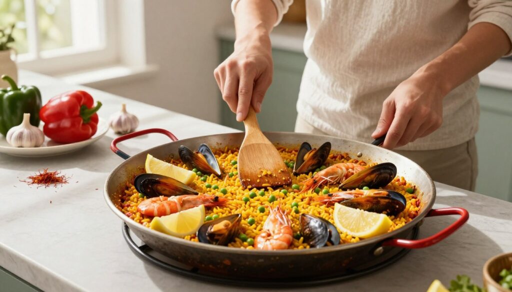 A bright, inviting kitchen scene showcasing the step-by-step process of making traditional paella. In the foreground, a large, colorful paella pan filled with vibrant rice, shrimp, mussels, and peas, garnished with lemon wedges. In the middle, a pair of hands stirring the ingredients, wearing modest casual attire. A wooden spatula rests beside the pan. In the background, a neatly arranged countertop with fresh ingredients like bell peppers, garlic, and saffron. Warm, natural lighting streams through a window, casting soft shadows and enhancing the rich colors of the dish. The overall atmosphere is cheerful and cozy, evoking a sense of comfort and culinary creativity.