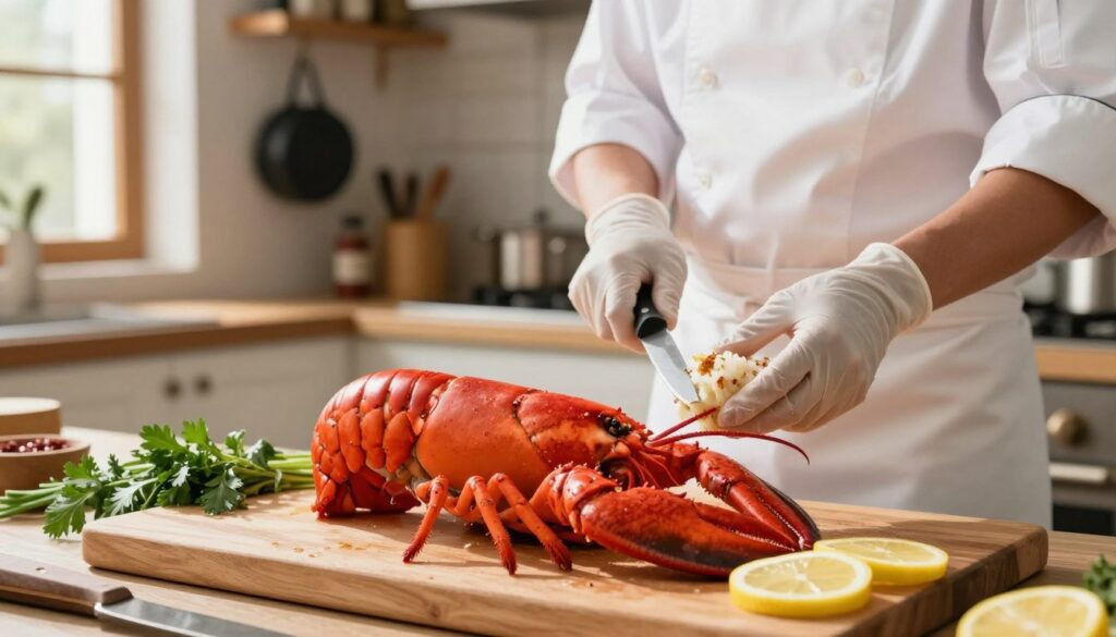 A bright kitchen setting showcasing the preparation of properly thawed frozen lobster. In the foreground, a large, vibrant red lobster sits on a wooden cutting board, glistening with moisture, surrounded by fresh herbs and lemon slices. In the middle, a professional chef wearing a white apron and gloves carefully inspects the thawed lobster, with a sharp knife ready for preparation. The background features a cozy, well-lit kitchen with hanging pots and spices on shelves, creating an inviting atmosphere. The natural light filters through a nearby window, casting soft shadows. This scene captures the essence of meticulous and skilled lobster preparation, the focus on freshness and quality.