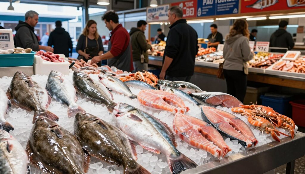A bustling fish market display featuring an array of fresh halibut, glistening on ice. In the foreground, several whole halibut, their skin reflecting a silvery sheen under bright LED lights, with expertly filleted portions artfully arranged nearby. The middle ground showcases market patrons, casually dressed, examining the fish with interest, emphasizing the seafood selection process. In the background, wooden market stalls with colorful seafood signage and a variety of other fresh catches like shrimp and crab, creating a lively and inviting atmosphere. Natural light streams in from overhead windows, casting a warm glow across the scene, enhancing the freshness of the halibut and evoking a sense of authenticity and quality at this vibrant market. A bustling fish market display featuring an array of fresh halibut, glistening on ice. In the foreground, several whole halibut, their skin reflecting a silvery sheen under bright LED lights, with expertly filleted portions artfully arranged nearby. The middle ground showcases market patrons, casually dressed, examining the fish with interest, emphasizing the seafood selection process. In the background, wooden market stalls with colorful seafood signage and a variety of other fresh catches like shrimp and crab, creating a lively and inviting atmosphere. Natural light streams in from overhead windows, casting a warm glow across the scene, enhancing the freshness of the halibut and evoking a sense of authenticity and quality at this vibrant market.