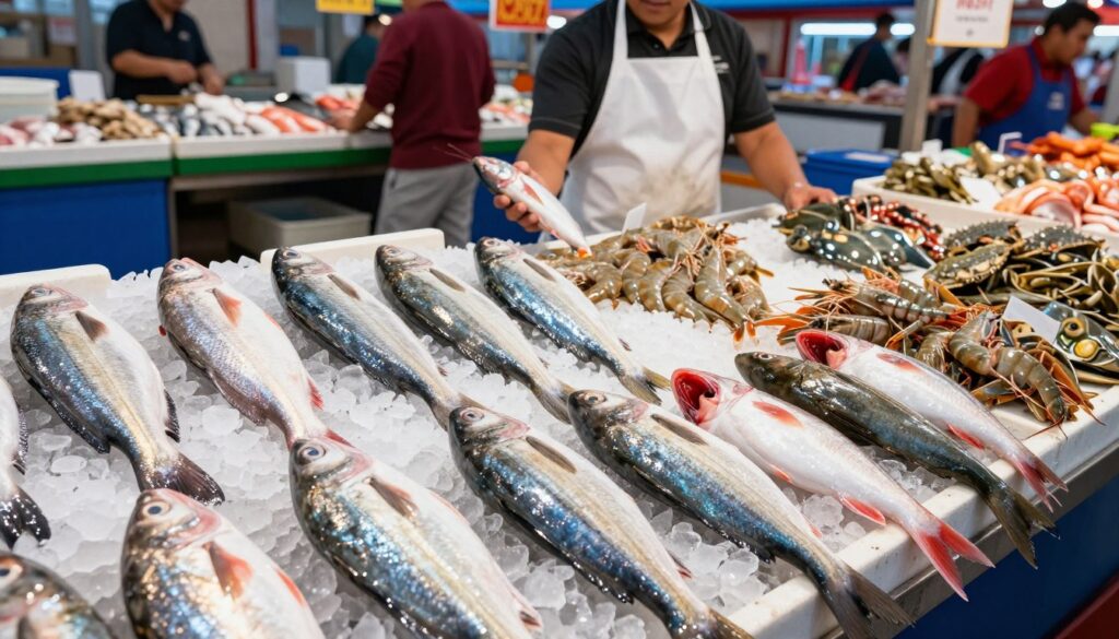 A bustling seafood market scene showcasing various indicators of fish freshness. In the foreground, a selection of glistening fish displayed on ice, their scales shimmering under bright, natural lighting. Some fish have bright, clear eyes, while others show vibrant red gills, emphasizing their freshness. In the middle, a vendor dressed in a crisp white apron examines the fish closely, ensuring quality, surrounded by neatly arranged seafood such as shrimp and crab in ice-filled bins. In the background, colorful market stalls create an energetic atmosphere, with shoppers engaging and inspecting seafood. The angle captures a vibrant market atmosphere, rich in textures and colors, conveying a sense of urgency and excitement about fresh seafood purchases.