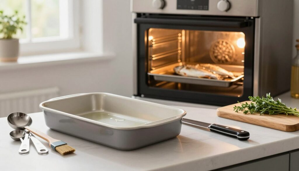 A clean and organized kitchen countertop centered around essential tools for baking fish. In the foreground, a high-quality baking dish, gleaming with a slight reflection, sits beside a set of measuring spoons and a brush for applying oil or marinades. A sharp filleting knife and a cutting board with fresh herbs lie nearby. In the middle ground, an oven preheating with bright, warm light emanating, showcasing a pair of fish on a tray ready for seasoning. The background features an open window, soft natural sunlight spilling in, illuminating the scene and creating a welcoming, homely atmosphere. The image should feel inviting and focused, highlighting the simplicity and effectiveness of the tools, with a slight depth of field effect for emphasis.