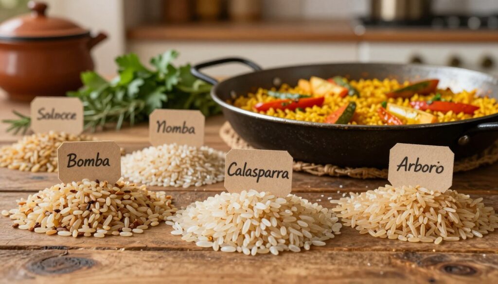 A close-up composition featuring various types of uncooked rice spread across a rustic wooden table, each type labeled with small, tasteful markers. In the foreground, focus on Bomba, Calasparra, and Arborio rice, highlighting their unique textures and sizes. In the middle ground, softly lit pans showcase paella cooking mistakes, such as overly mushy rice and unevenly cooked grains amidst vibrant vegetables and saffron. The background includes a blurred Spanish kitchen setting, with traditional cookware and herbs like parsley and rosemary subtly arranged. The lighting is warm and inviting, mimicking the golden hour, creating a cozy and educational atmosphere, perfect for illustrating the nuances of rice selection in paella preparation.