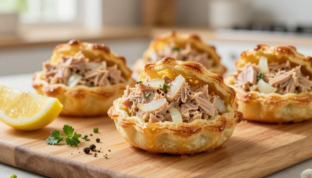 A close-up composition of authentic pastels au thon filling, vividly showcasing a creamy, textured mixture of tuna, onions, and spices. The filling is heaped inside crisp, golden-brown pastry shells that are slightly opened at the top, revealing the delicious interior. In the foreground, a wooden cutting board displays scattered fresh ingredients like chopped herbs, a lemon wedge, and a sprinkle of pepper. The middle ground captures the enticing pastries, glistening with a light glaze from the oven. The background has a softly blurred kitchen setting, with warm, natural lighting filtering through a window, enhancing the homey atmosphere. The overall mood conveys a sense of cozy culinary craftsmanship, with an inviting and appetizing feel that evokes the joy of cooking.