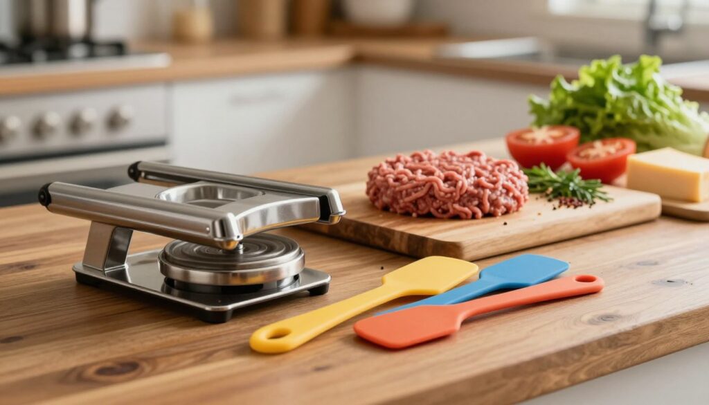 A close-up image featuring an array of essential homemade hamburger-making tools arranged neatly on a rustic wooden countertop. In the foreground, showcase a high-quality stainless steel burger press and a set of colorful silicone spatulas. In the middle, display a wooden cutting board with ground beef, fresh herbs, and spices ready for mixing. Include some sliced tomatoes, lettuce, and cheese as preparation ingredients. The background should feature a softly blurred kitchen setting with warm lighting, highlighting the homey vibe. Aim for a cozy, inviting atmosphere that emphasizes a passion for cooking. Use a shallow depth of field to keep the focus on the tools, creating a professional and appetizing visual.