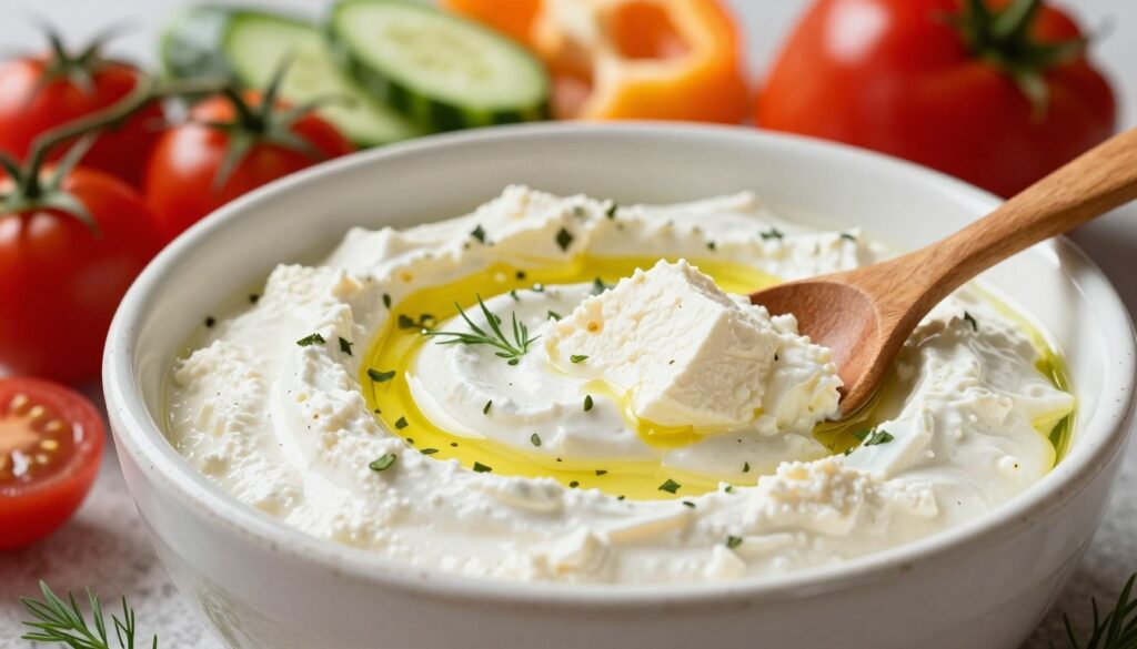 A close-up image of a creamy feta dip served in a rustic white ceramic bowl, surrounded by fresh feta cheese blocks soaking in brine. The dip has a smooth, rich texture, garnished with a drizzle of olive oil and a sprinkle of fresh herbs like oregano and dill. In the foreground, a small wooden spoon is partially dipped into the dip, inviting taste. In the background, a blurred arrangement of colorful fresh vegetables like cherry tomatoes, cucumber slices, and bell pepper strips creates a vibrant contrast. Natural sunlight streams in from the side, casting soft shadows and illuminating the creamy dip, creating a warm and inviting atmosphere. The lens focus highlights the textures of the feta and the dip, enhancing the freshness of the ingredients.