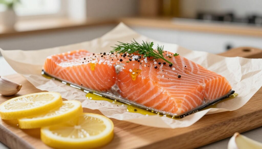 A close-up image of a fresh salmon fillet placed on a sheet of parchment paper, glistening with a light drizzle of olive oil. The salmon is seasoned with a sprinkle of salt, pepper, and fresh herbs like dill and parsley, arranged beautifully to emphasize preparation techniques. In the foreground, a wooden cutting board displays freshly cut lemon slices and garlic cloves, adding bursts of vibrant color. The middle ground features the salmon prominently, showcasing its natural pink hue, with the parchment slightly crinkled around the edges. The background is softly blurred, with hints of a cozy kitchen environment, warm light illuminating the scene from a nearby window, creating an inviting and appetizing atmosphere. The composition feels fresh, clean, and ready for a delicious meal.