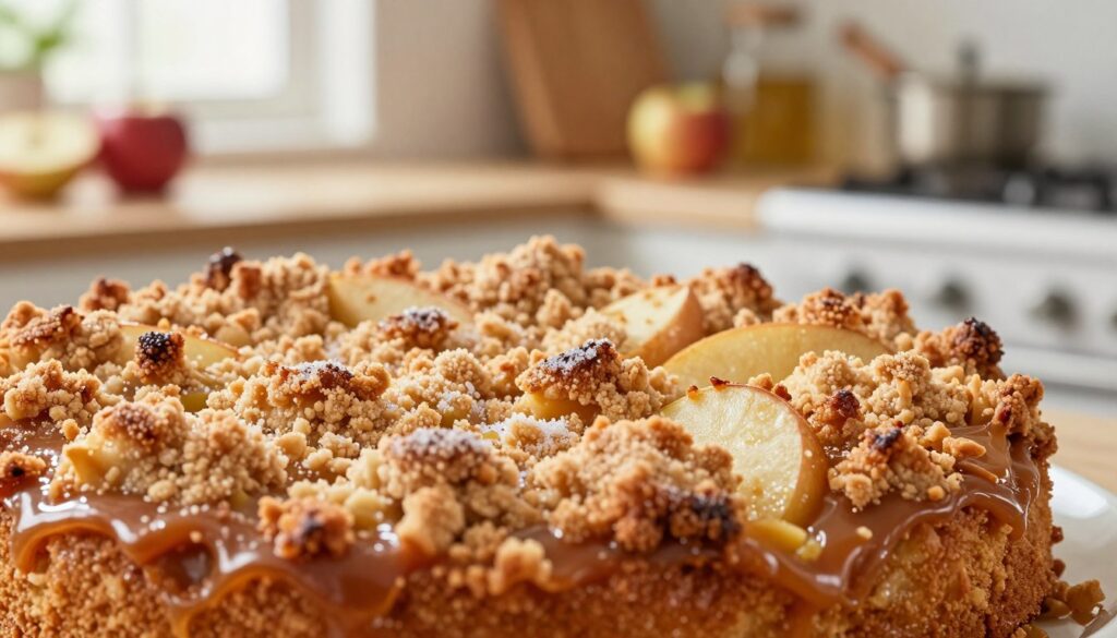 A close-up image of a freshly baked caramel apple dessert, showcasing a perfectly golden brown topping that glistens with a hint of sugar. In the foreground, the cake features pieces of tart apples peeking through the rich caramel layer, topped with a crispy, buttery streusel that has developed a warm, caramelized finish. The middle ground displays a soft-focus of an inviting kitchen setting, with baking tools and ingredients artfully arranged. The background provides a hint of warm, ambient light emanating from a nearby window, enhancing the cozy atmosphere. The overall scene should evoke a sense of comfort and indulgence, perfect for a fall dessert gathering. Bright, natural colors predominating, with a shallow depth of field to emphasize the delicious texture of the topping.
