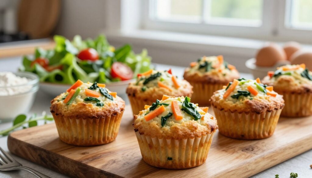 A close-up image of freshly baked vegetable savory muffins, golden brown and slightly domed, arranged on a rustic wooden kitchen table. The muffins are bursting with colorful vegetable add-ins like shredded carrots, diced bell peppers, and spinach, showcasing their nutritious appeal. In the background, a vibrant green salad bursting with fresh greens and cherry tomatoes provides a contrast to the warm muffins. Soft, natural light streams in from a nearby window, creating a warm and inviting atmosphere. A few cooking utensils and ingredients like flour, eggs, and herbs are subtly placed around the scene, adding context without overwhelming the focus on the muffins. Capture this cozy kitchen setting with a shallow depth of field, ensuring the muffins are the centerpiece of the image.