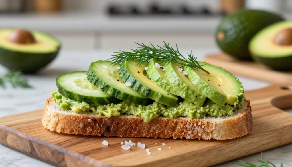 A close-up of a beautifully arranged cucumber avocado sandwich, showcasing layers of vibrant green avocado spread and thinly sliced cucumber between two slices of fresh, artisan bread. The sandwich is garnished with a sprig of fresh dill and a sprinkle of sea salt for added texture. In the foreground, there's a simple wooden cutting board, enhancing the rustic charm. Soft, natural lighting illuminates the sandwich, creating a warm and inviting atmosphere. In the background, there's a blurred view of a cozy kitchen setting, with a hint of fresh ingredients like avocados and cucumbers on a marble countertop. The composition is vibrant yet minimalistic, focusing on the freshness of the ingredients. Perfect for inspiring a light and healthy meal choice.