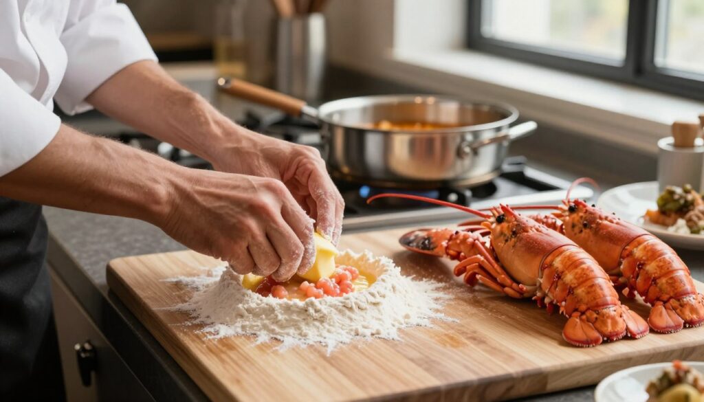 A close-up of a chef skillfully preparing beurre manié in a modern kitchen. The foreground features the chef's hands mixing softened butter into flour on a wooden cutting board, intricately blending in rich lobster tomalley and vibrant coral. On the counter, fresh lobster shells are artistically arranged, showcasing their texture and color. The middle ground reveals a stainless-steel saucepan on a stovetop with hints of a simmering sauce, creating an inviting atmosphere. The background shows softly blurred culinary tools and garnished dishes, illuminated by warm, natural lighting streaming from a nearby window, emphasizing a refined cooking space. The mood is sophisticated yet cozy, celebrating the artistry of French cuisine.