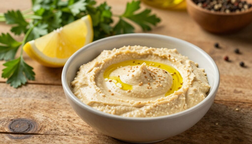 A close-up of a small bowl of creamy tahini sauce, garnished with a sprinkle of sesame seeds and a drizzle of olive oil, sits on a rustic wooden countertop. Beside the bowl, fresh ingredients like a lemon wedge and a handful of parsley add vibrant color. In the background, soft-focus herbs and spices create an inviting kitchen atmosphere. The scene is illuminated with warm, natural lighting that enhances the texture of the tahini sauce, casting gentle shadows. The perspective is slightly angled from above, showcasing the sauce's smooth consistency while emphasizing the simplicity of the preparation process. The mood is wholesome and rustic, evoking the essence of Middle Eastern cuisine.