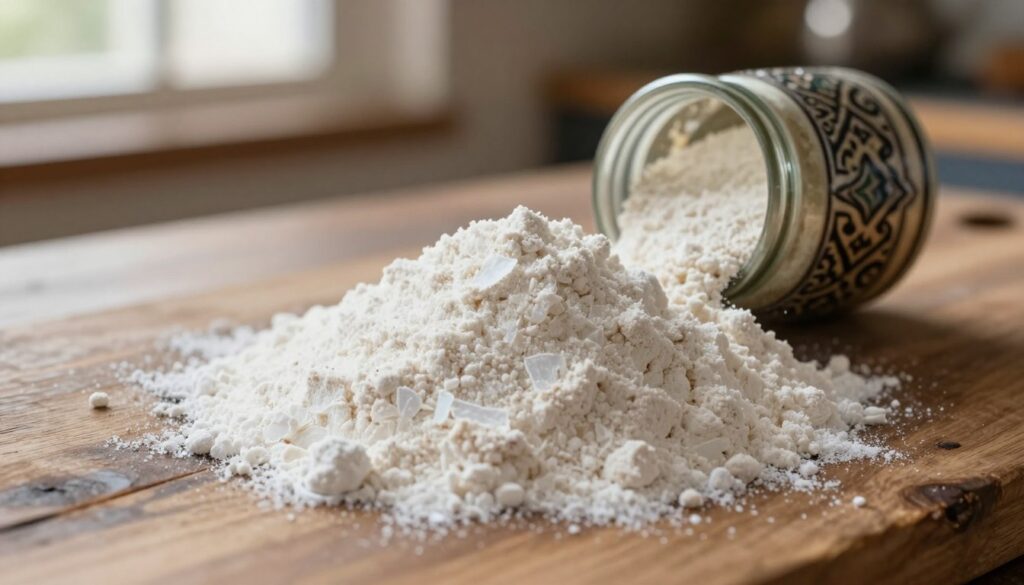 A close-up of ground mastic and sahlab powder arranged artfully on a rustic wooden surface. The ground mastic appears as a fine, translucent white powder, while the sahlab powder has a slightly off-white color with a smooth texture. Include a small, traditional Lebanese spice jar, elegantly open, with some sahlab spilling out. In the background, softly blurred, place a hint of a cozy kitchen setting with warm, natural light streaming in from a nearby window, creating a welcoming atmosphere. The lens should capture this still-life scene from a slight overhead angle, ensuring the focus is sharp on the powders while the background remains softly diffused, evoking a sense of warmth and nostalgia associated with homemade Lebanese cuisine. A close-up of ground mastic and sahlab powder arranged artfully on a rustic wooden surface. The ground mastic appears as a fine, translucent white powder, while the sahlab powder has a slightly off-white color with a smooth texture. Include a small, traditional Lebanese spice jar, elegantly open, with some sahlab spilling out. In the background, softly blurred, place a hint of a cozy kitchen setting with warm, natural light streaming in from a nearby window, creating a welcoming atmosphere. The lens should capture this still-life scene from a slight overhead angle, ensuring the focus is sharp on the powders while the background remains softly diffused, evoking a sense of warmth and nostalgia associated with homemade Lebanese cuisine.