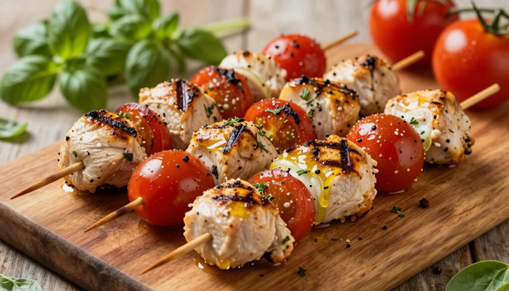 A close-up of homemade chicken skewers, beautifully arranged on a rustic wooden cutting board. The skewers feature tender chicken pieces marinated with olive oil, spices, and fresh oregano, interspersed with vibrant cherry tomatoes. The chicken is grilled to perfection, displaying appetizing grill marks and a golden-brown color. In the background, softly blurred, there are sprigs of fresh oregano and ripe tomatoes, enhancing the overall freshness of the scene. The lighting is warm and inviting, casting a soft glow that accentuates the textures of the chicken and vegetables. The image evokes a cozy, homemade atmosphere, perfect for showcasing the ingredients and inviting the viewer to create their own delicious skewers at home. A close-up of homemade chicken skewers, beautifully arranged on a rustic wooden cutting board. The skewers feature tender chicken pieces marinated with olive oil, spices, and fresh oregano, interspersed with vibrant cherry tomatoes. The chicken is grilled to perfection, displaying appetizing grill marks and a golden-brown color. In the background, softly blurred, there are sprigs of fresh oregano and ripe tomatoes, enhancing the overall freshness of the scene. The lighting is warm and inviting, casting a soft glow that accentuates the textures of the chicken and vegetables. The image evokes a cozy, homemade atmosphere, perfect for showcasing the ingredients and inviting the viewer to create their own delicious skewers at home.
