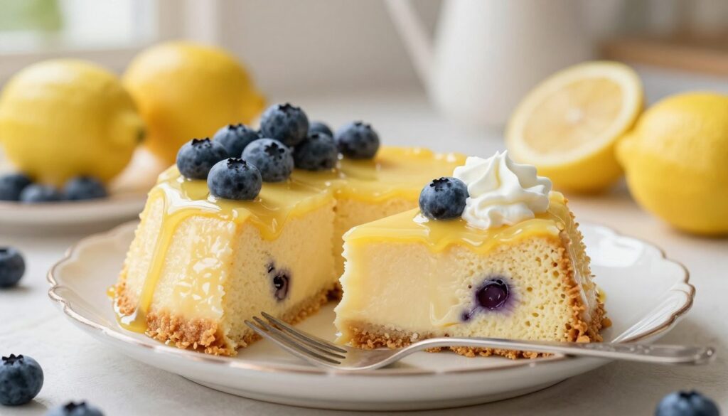 A close-up shot of a delectable lemon blueberry pudding cake, showcasing its fluffy, moist texture. The cake is topped with fresh blueberries and a dollop of whipped cream, drizzled with a light lemon glaze that glistens in the soft, natural sunlight. In the foreground, a slice of the cake is elegantly plated on a vintage porcelain dish, with a fork resting beside it, hinting at its irresistible flavor. In the background, a cozy kitchen setting is softly blurred, featuring fresh lemons and blueberries beautifully arranged. The overall atmosphere is bright and inviting, evoking a sense of springtime freshness. Use a warm color palette and soft focus to enhance the inviting nature of the dessert. A close-up shot of a delectable lemon blueberry pudding cake, showcasing its fluffy, moist texture. The cake is topped with fresh blueberries and a dollop of whipped cream, drizzled with a light lemon glaze that glistens in the soft, natural sunlight. In the foreground, a slice of the cake is elegantly plated on a vintage porcelain dish, with a fork resting beside it, hinting at its irresistible flavor. In the background, a cozy kitchen setting is softly blurred, featuring fresh lemons and blueberries beautifully arranged. The overall atmosphere is bright and inviting, evoking a sense of springtime freshness. Use a warm color palette and soft focus to enhance the inviting nature of the dessert.
