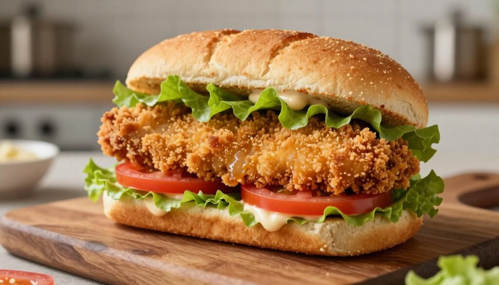 A close-up shot of a panko crusted chicken sandwich, emphasizing the crispy golden coating of the chicken. The sandwich is placed on a rustic wooden board, garnished with fresh lettuce, ripe tomato slices, and a dollop of creamy sauce peeking out. Soft, diffused natural light illuminates the sandwich from the side, highlighting the crunchiness of the panko crust with a slight sheen. The background features a blurred kitchen setting, suggesting a warm, inviting atmosphere. The focus is sharp on the sandwich, with a shallow depth of field to create a mouth-watering appeal. The overall mood is cozy and appetizing, perfect for showcasing the secret to achieving an extra crispy garlic crumbed coating.