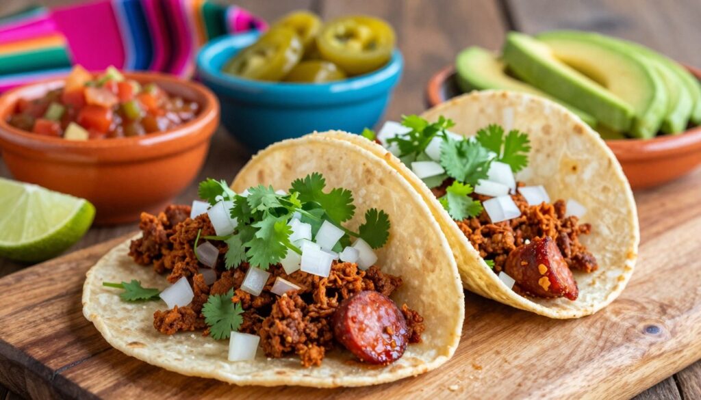 A close-up shot of delicious chorizo street tacos on a rustic wooden table. The tacos are filled generously with spicy, crumbled chorizo, topped with fresh cilantro, diced onions, and a squeeze of lime, all wrapped in warm corn tortillas. In the background, a colorful assortment of traditional Mexican toppings like salsa, pickled jalapeños, and avocado slices are artfully arranged. Soft, natural lighting creates a warm and inviting atmosphere, capturing the mouthwatering textures and vibrant colors of the ingredients. The focus is sharp on the tacos in the foreground, with a shallow depth of field that gently blurs the background, emphasizing the freshness and appetizing appeal of the chorizo tacos.