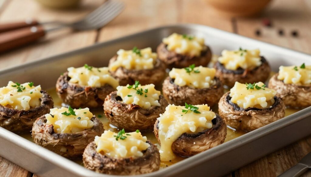 A close-up view of a baking tray filled with golden-brown baked mushrooms stuffed with creamy Boursin cheese, showcasing their rich, textured filling. The foreground highlights the mushrooms, revealing the warm, oozy cheese spilling out slightly, with a sprinkle of fresh herbs such as parsley and chives garnishing the dish. In the middle, a soft-focus background features a rustic wooden kitchen table setting, with hints of cooking utensils and spices. Warm, natural lighting creates an inviting, cozy atmosphere, emphasizing the richness of the dish. The angle captures the inviting layout at a slight tilt, inviting the viewer to imagine the delightful flavors.